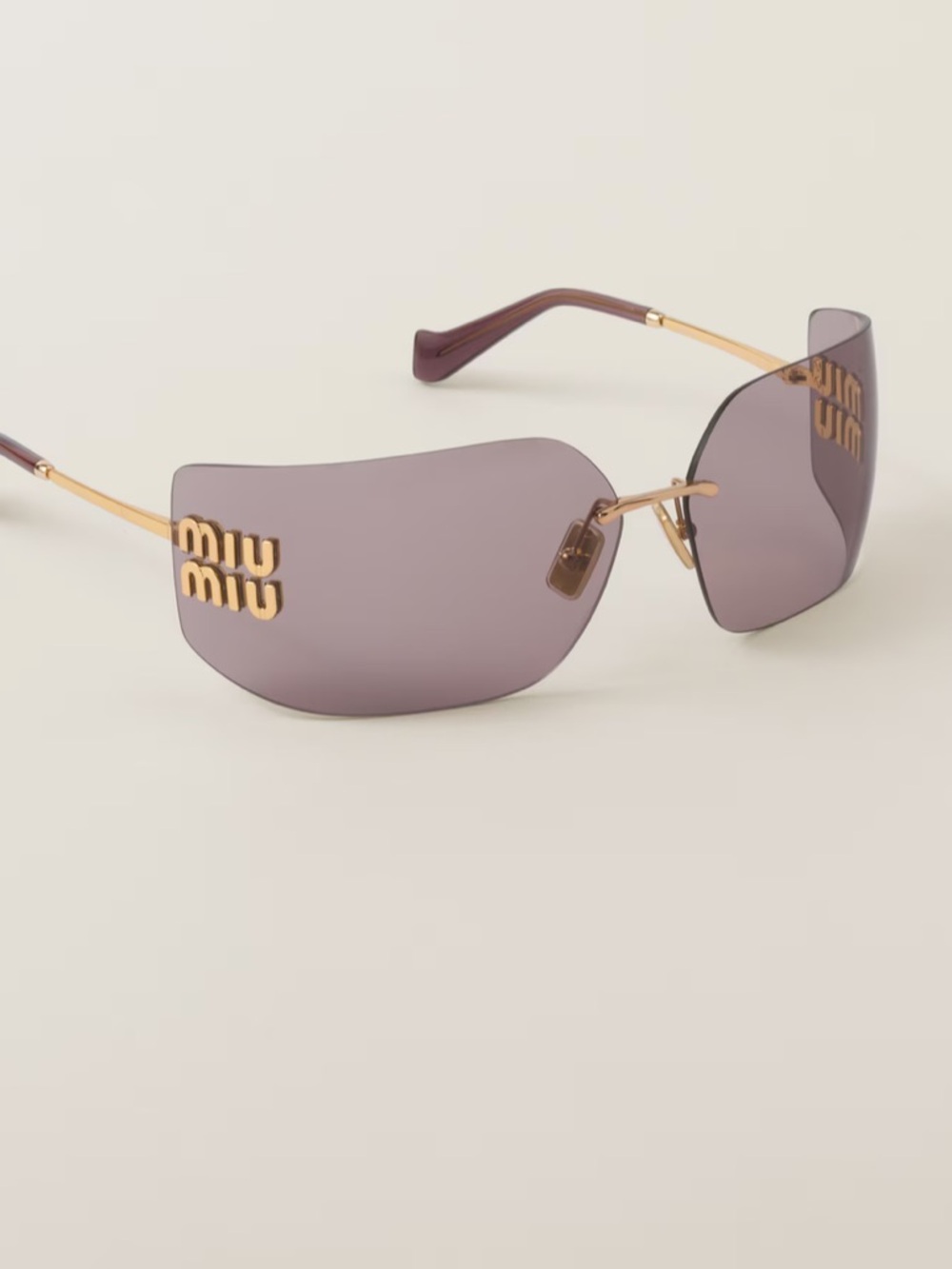 Miu Miu Aube Rimless shield Sunglasses in Smoke Purple with Gold Accents